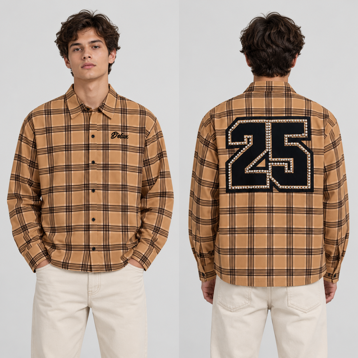 Camicia Scozzese Beige DELUX indosso