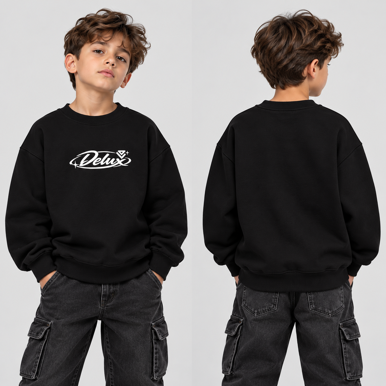 CREWNECK KIDS FRONT LOGO - BLACK indosso bambino