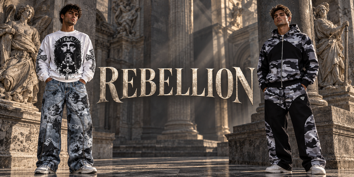 REBELLION: Crewneck Messiah White e Jeans Angels Vintage Blue, completo Camo Black Delux