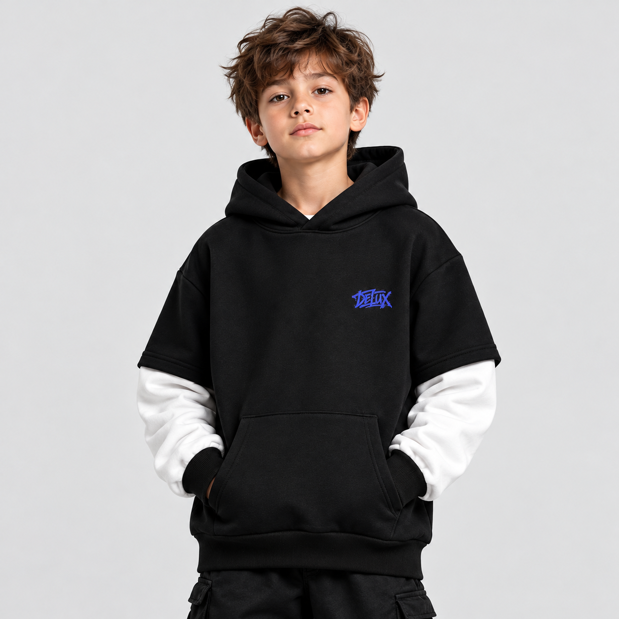 Hoodie Kids Teddy Black – indosso fronte ragazzo