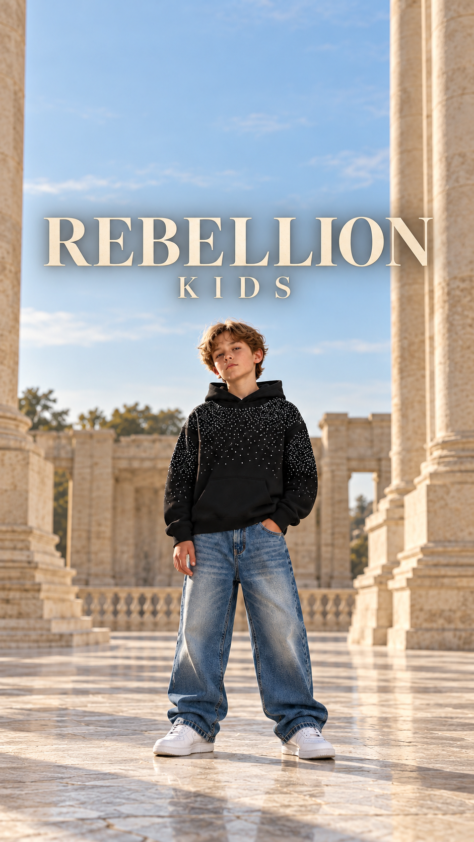 REBELLION Kids: Hoodie Diamond Black e Jeans Vintage Blue