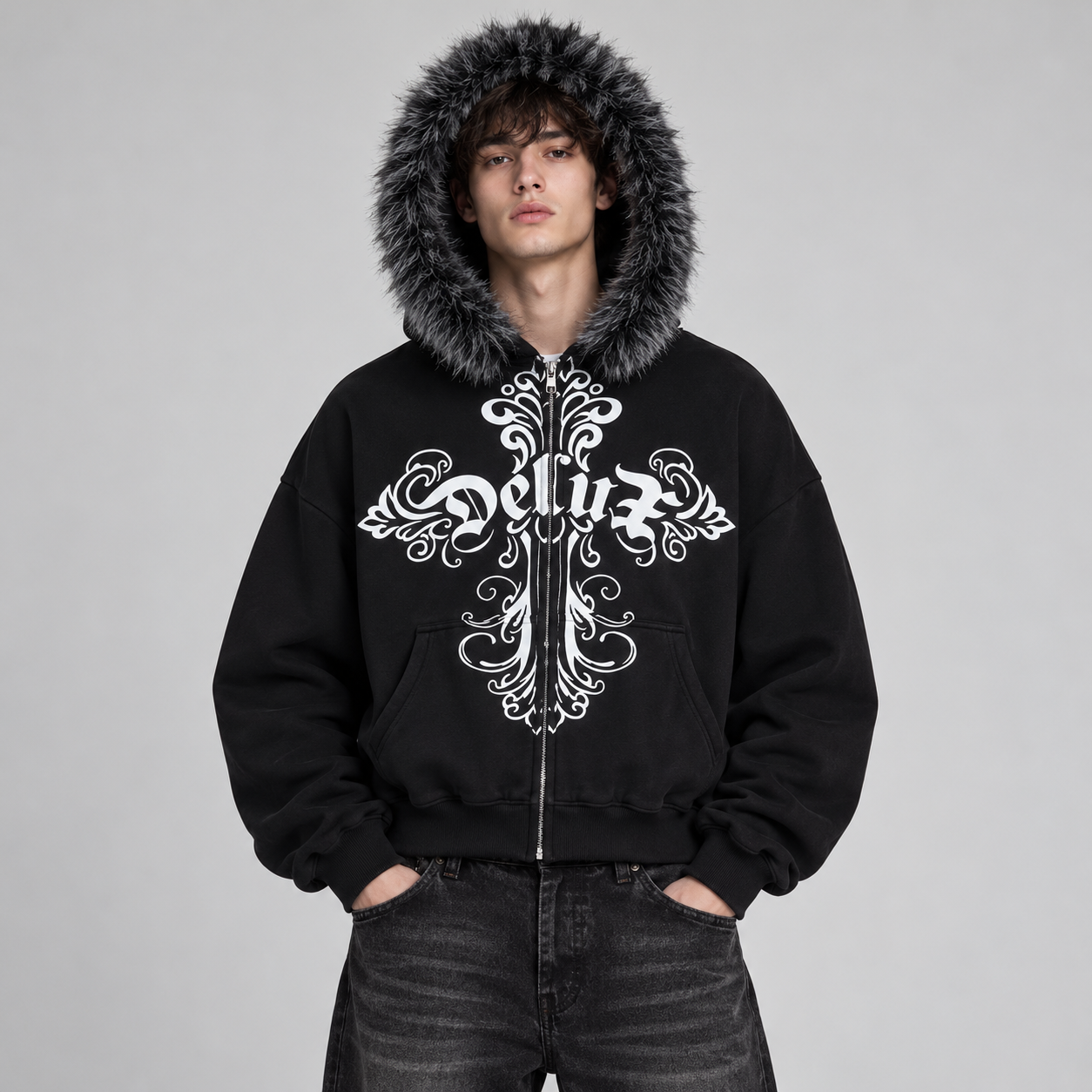ZIP HOODIE BAROQUE FUR BLACK indosso uomo
