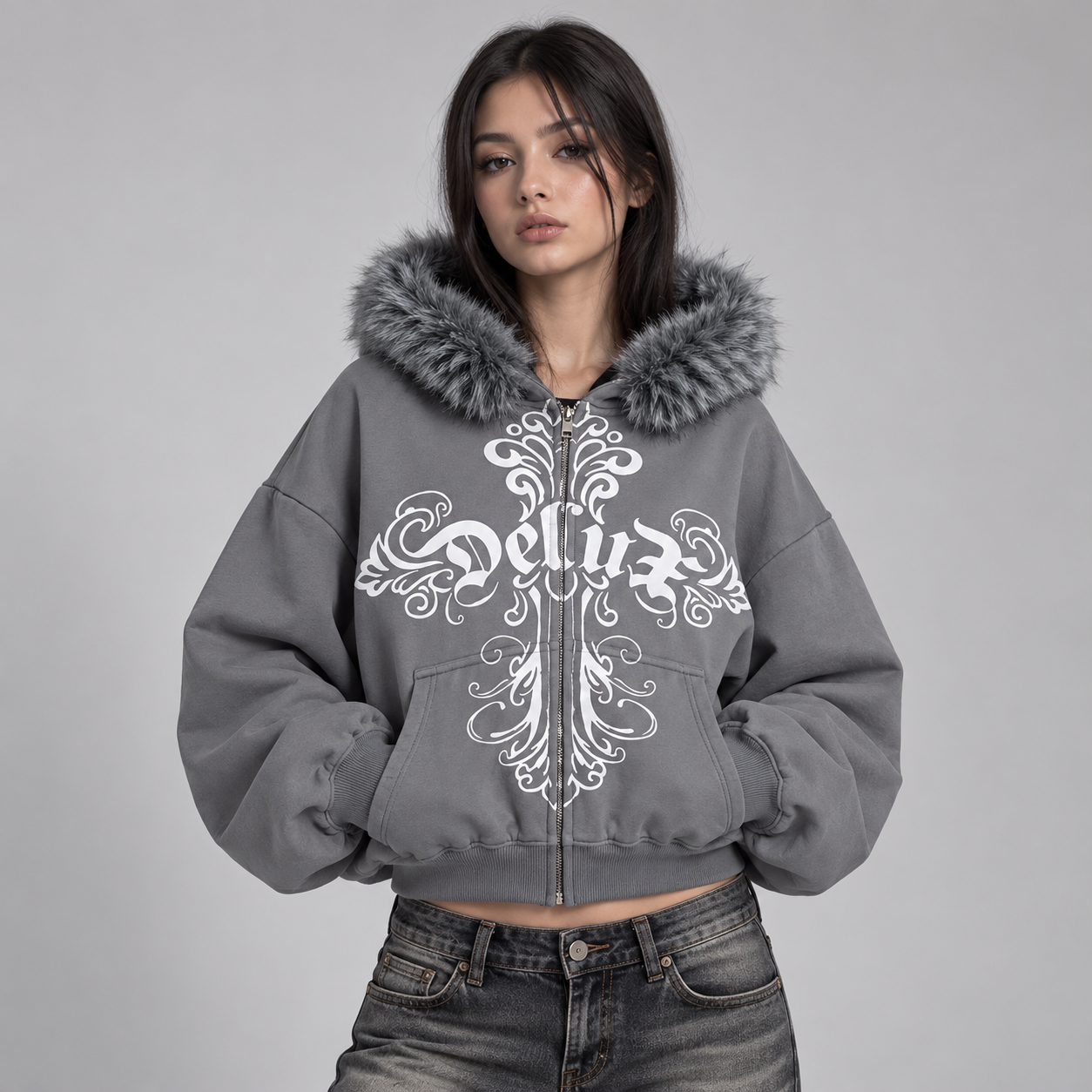 ZIP HOODIE BAROQUE FUR GREY indosso donna